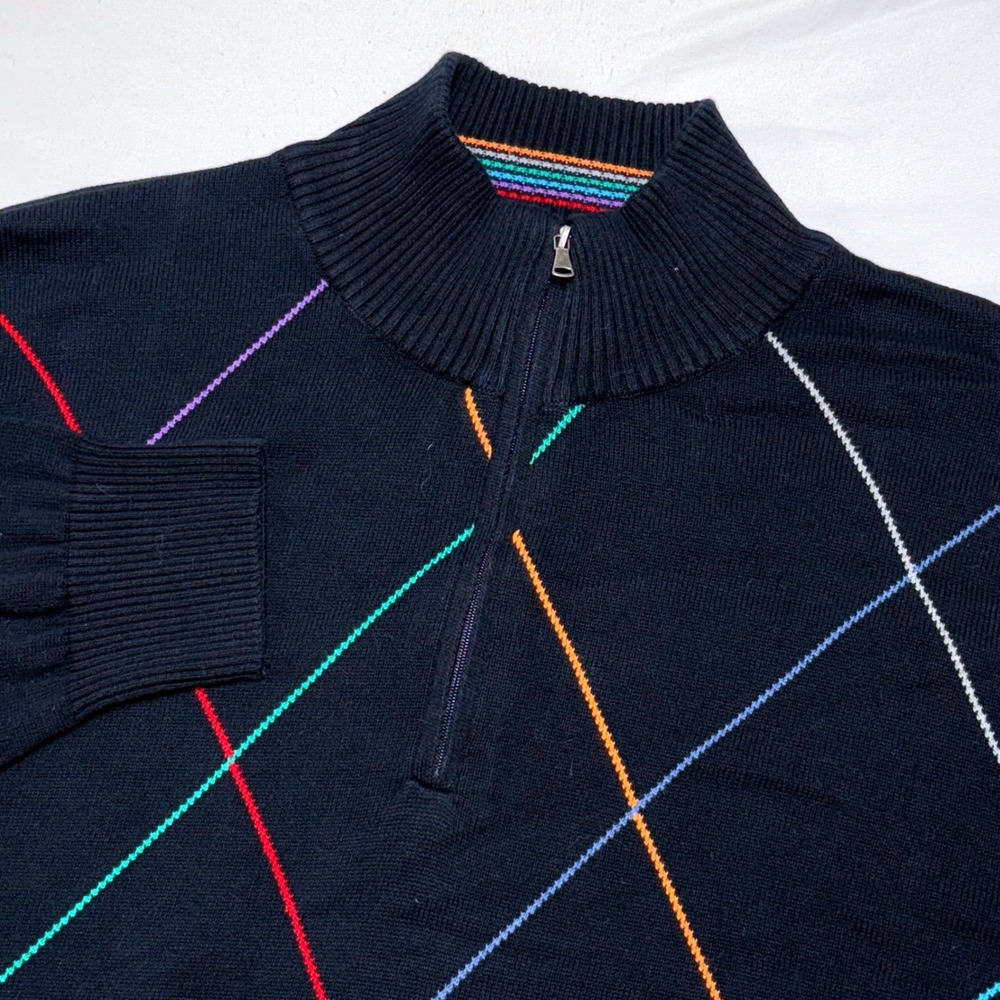 Alan Flusser Argyle Sweater Mens Large Navy Rainbow 1/4 Zip Cotton Knit Pullover